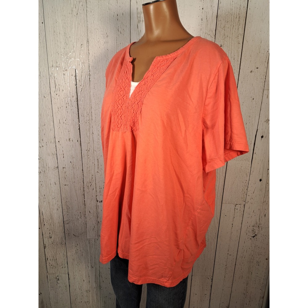 Basic Editions Woman‎ Coral Pink Crochet Lace Split Neck Cotton Top 2X